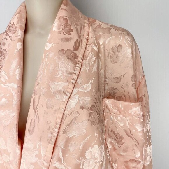 VINTAGE Collared Satin Luxury Pink Burn-Out Florals Long Sleeves Short Robe sz M - Picture 7 of 9